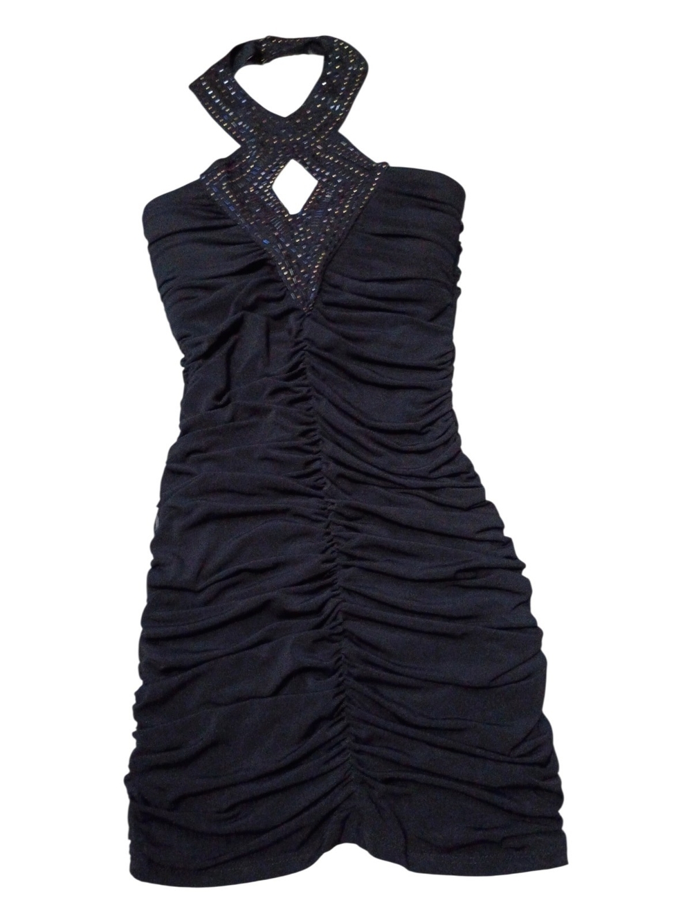 Black Ruched Halter Dress with Embellished Neckline